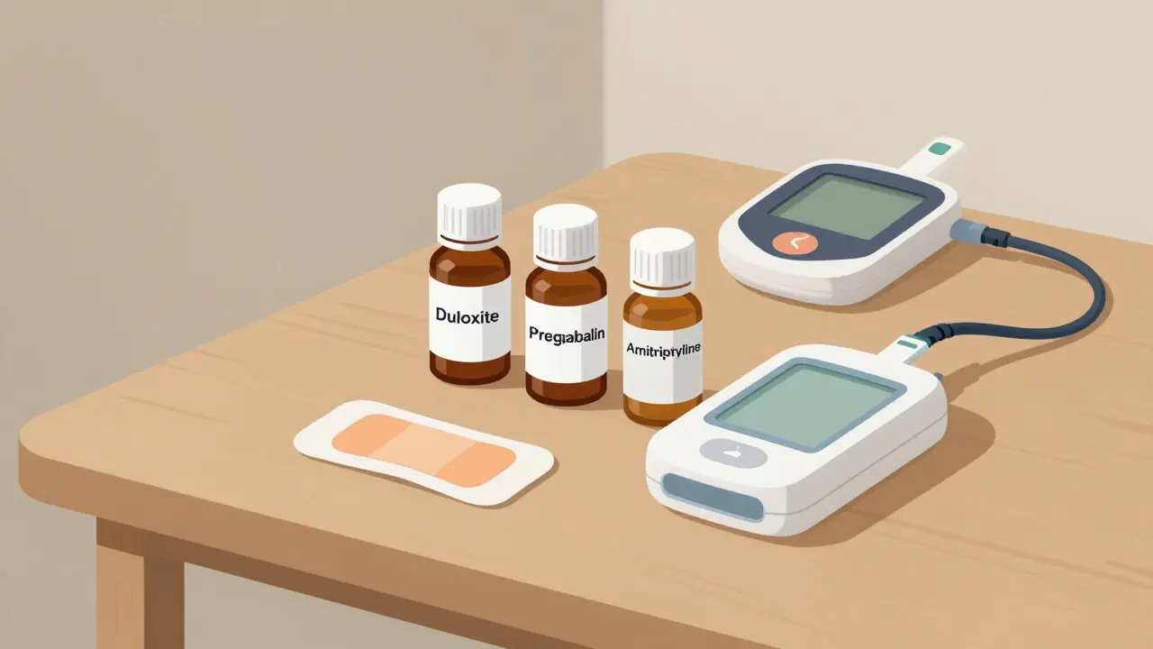 Three diabetes nerve pain medications and a lidocaine patch beside a glucose monitor on a table.
