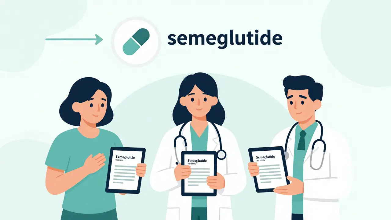 Three people viewing the same side effect report on tablets, with a semaglutide pill icon above them.