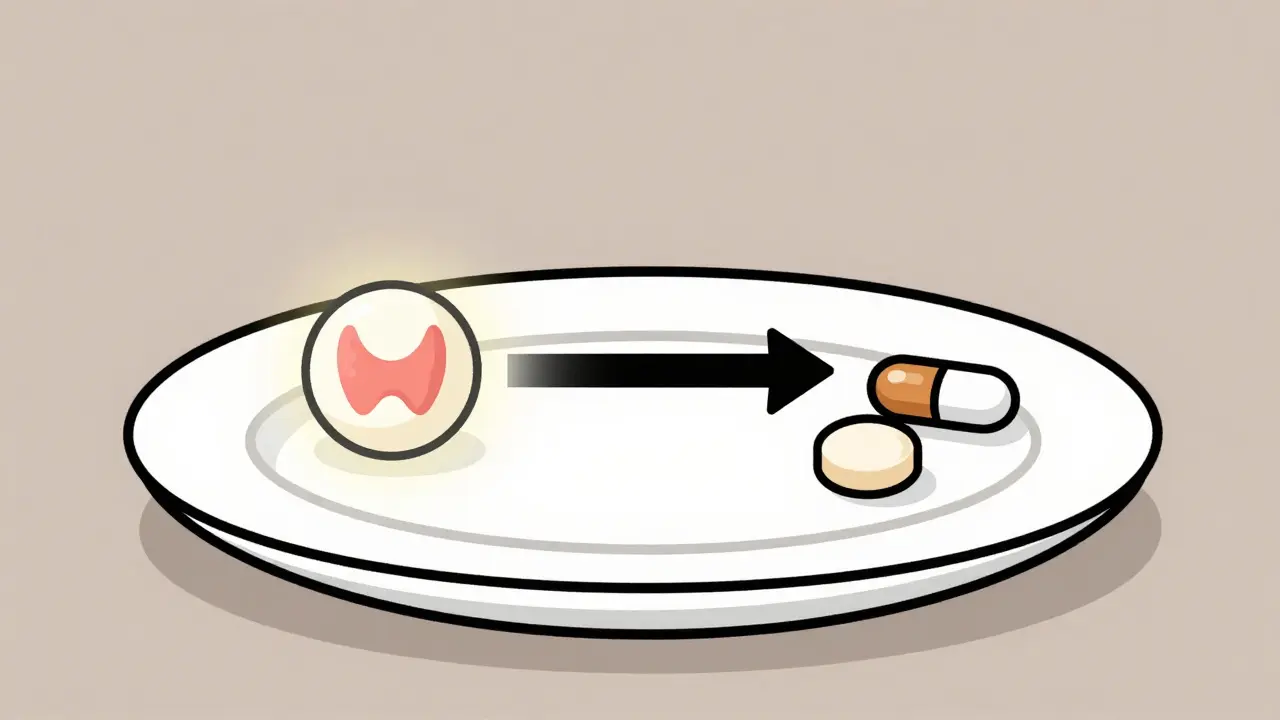 Thyroid pill and calcium supplement separated by a 4-hour gap on a breakfast plate.
