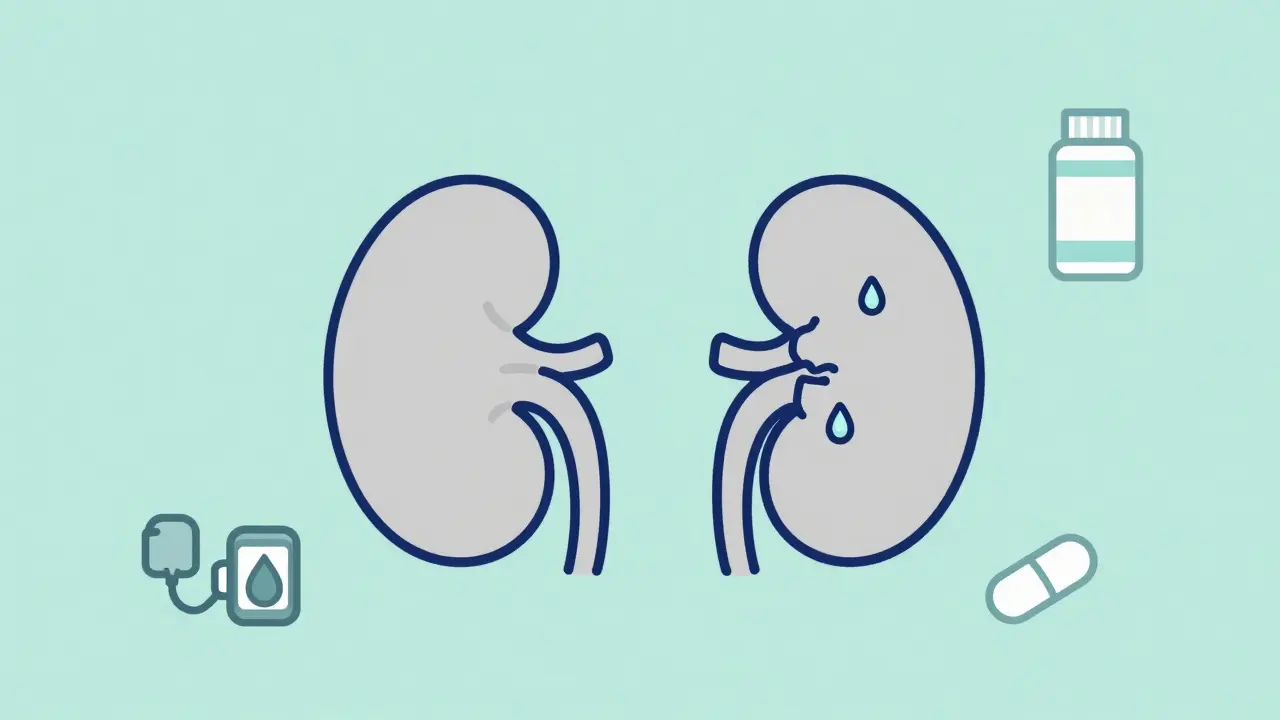 Two kidneys shown side by side: one healthy, one damaged by NSAIDs and fluid leakage.