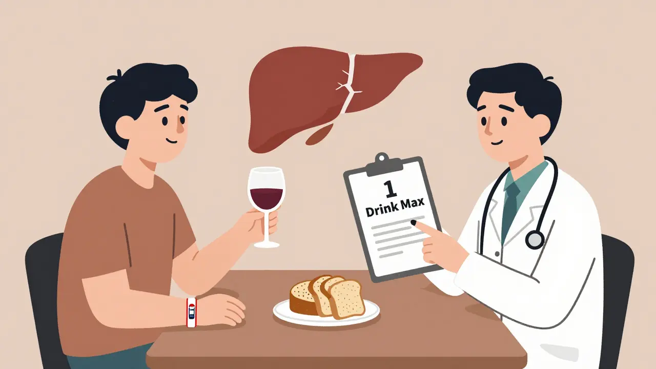 Two people at dinner, one with medical ID, drinking wine with healthy food, doctor guiding moderation.