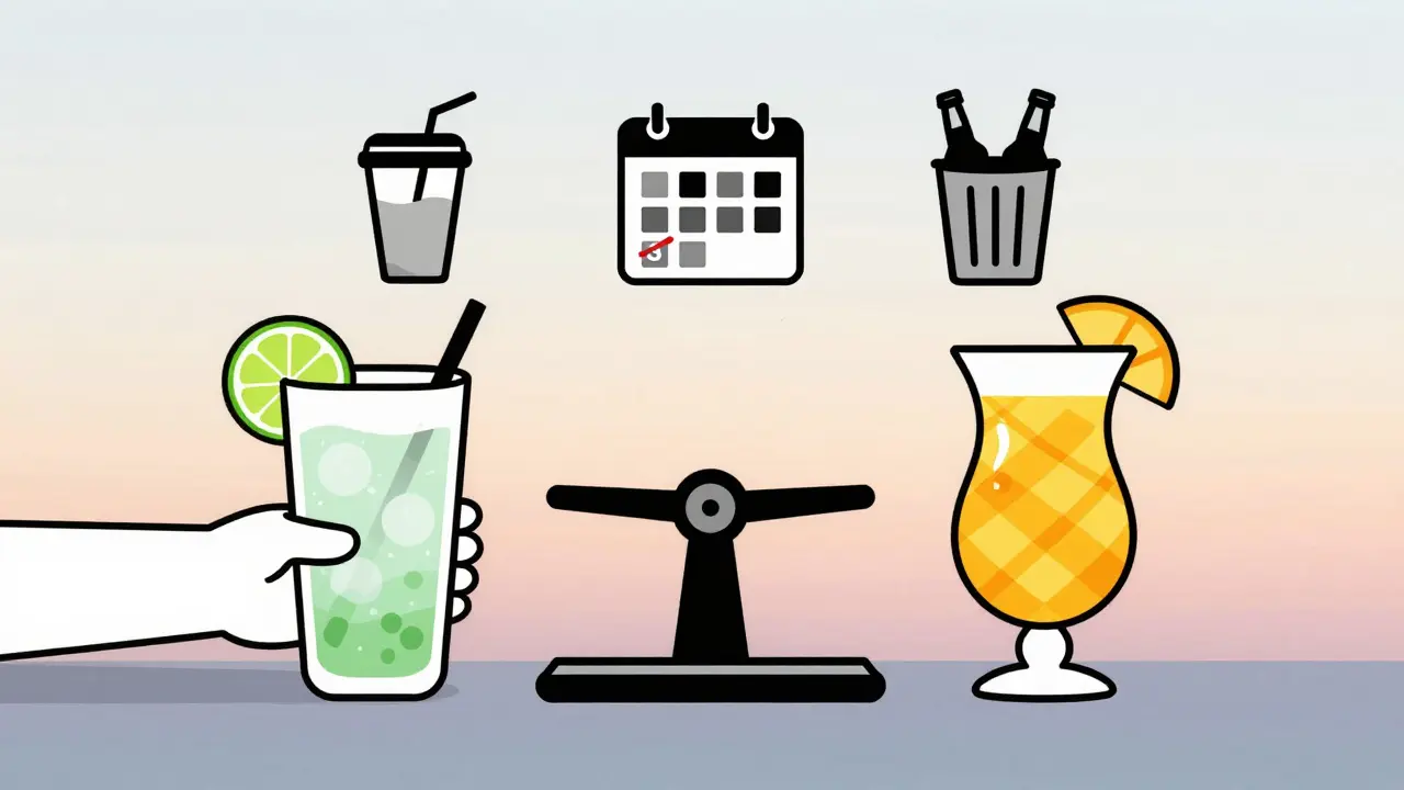 Vodka soda vs. piña colada on a scale, with healthy habits like protein pre-load and alcohol-free days nearby.