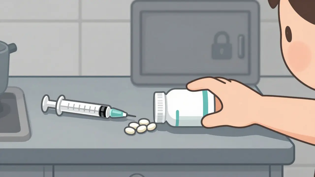 A child's hand grabbing vitamins on a counter, with a dosing syringe and discarded spoon nearby.