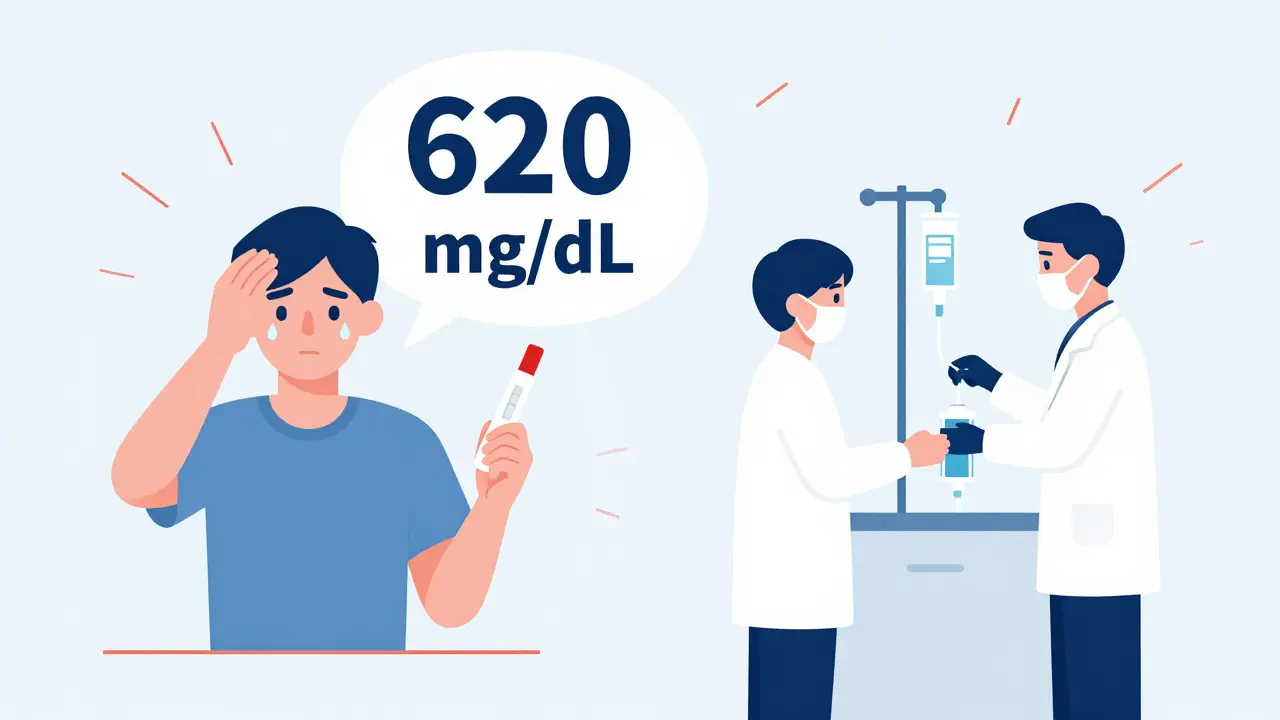 A diabetic emergency scene showing high blood sugar symptoms and IV treatment in a hospital setting.