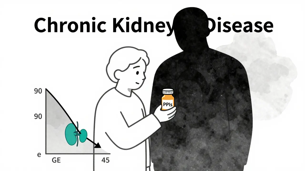 An elderly person holding a PPI pill bottle as chronic kidney disease looms in shadow.