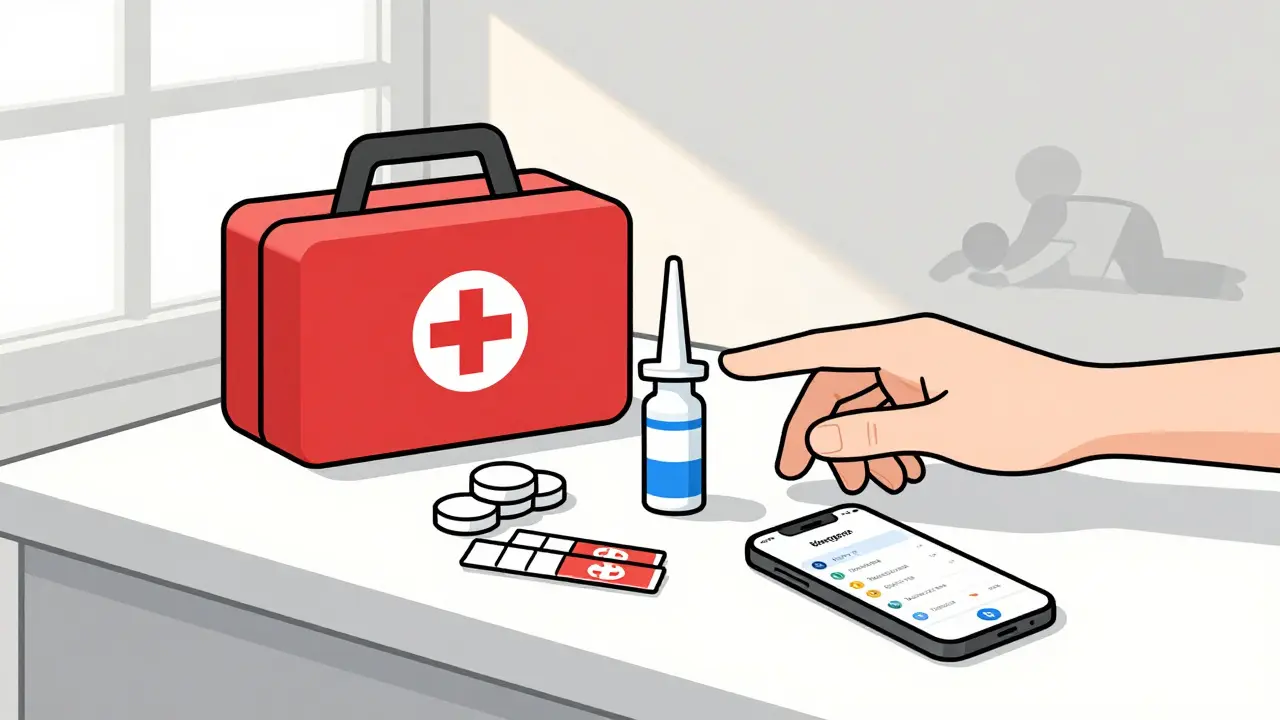 An emergency diabetes kit with glucagon, glucose tablets, and ketone strips, ready for use.