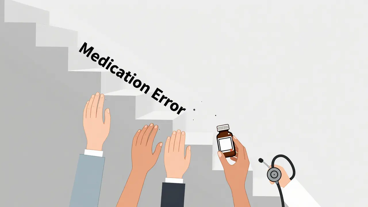 Broken step on staircase being fixed by multiple hands