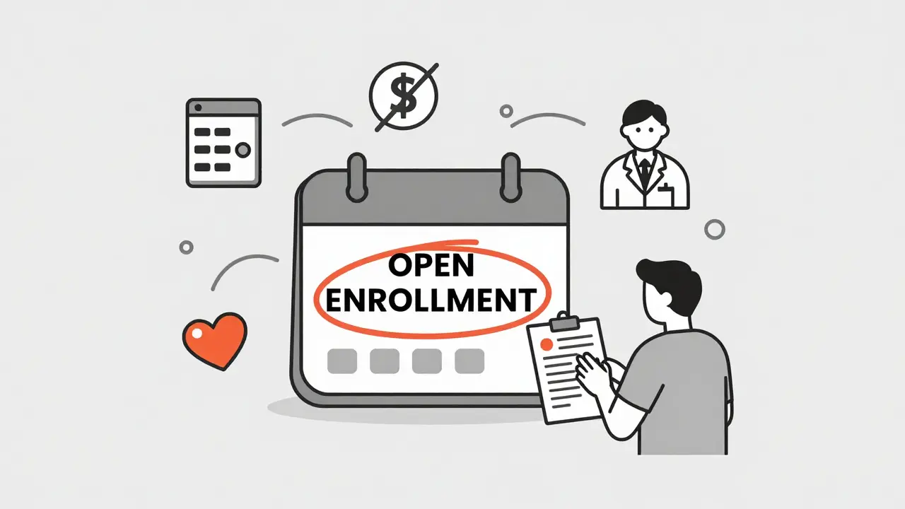 Calendar marked for open enrollment with icons representing pharmacy, doctor, and medication options.
