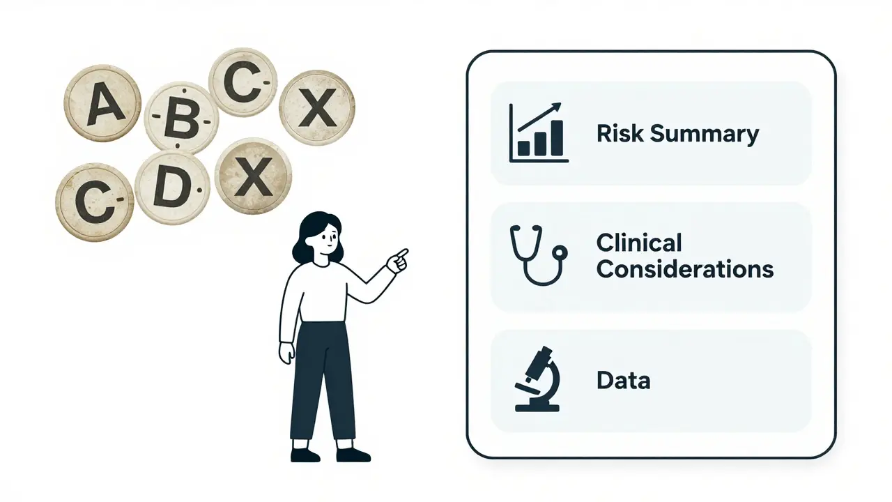 Comparison of outdated drug risk letters and modern narrative label sections with simple icons.