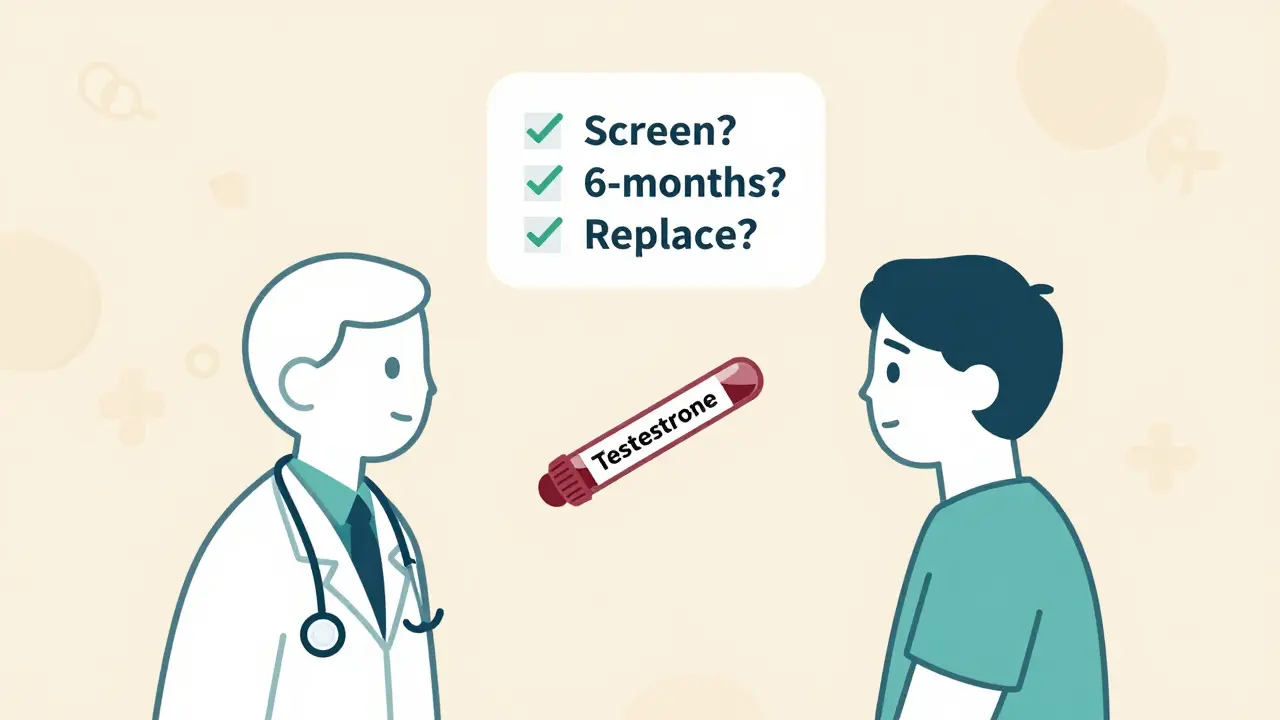 Doctor and patient with a testosterone blood test, symbolizing required screening.