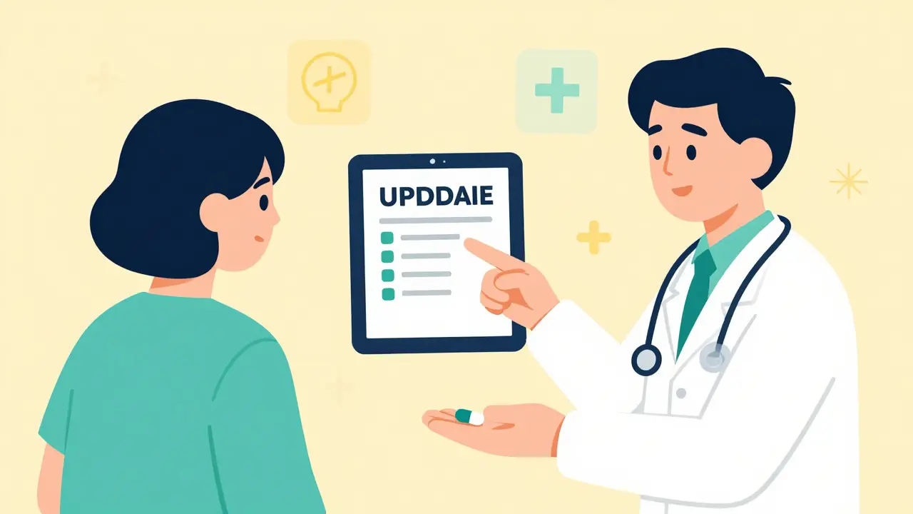 Doctor shows patient a tablet with a formulary update as a cheaper alternative pill replaces the original.