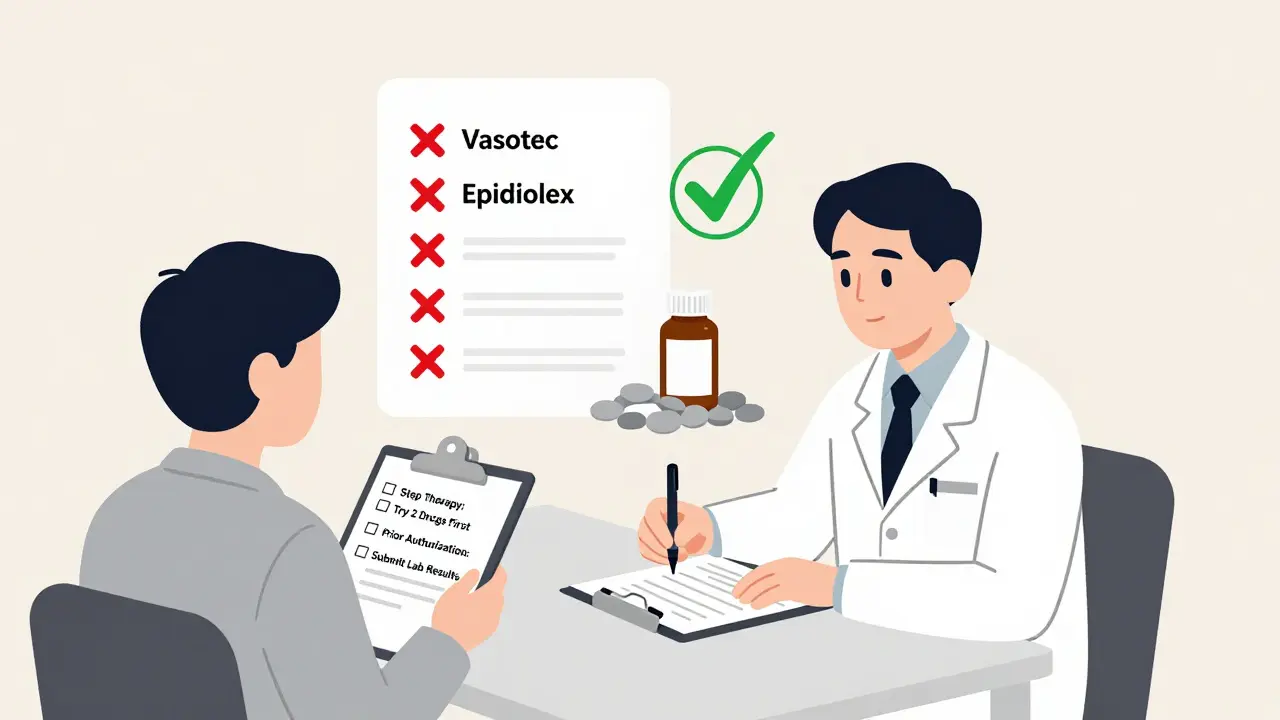 Doctor writing a prescription as a patient faces checkboxes for step therapy and prior authorization, with denied drugs fading behind.