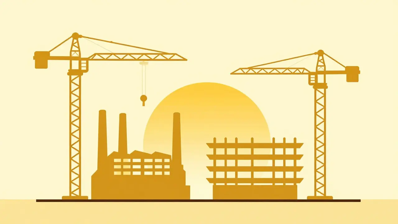 Factory construction site with cranes and rising sun symbolizing growth