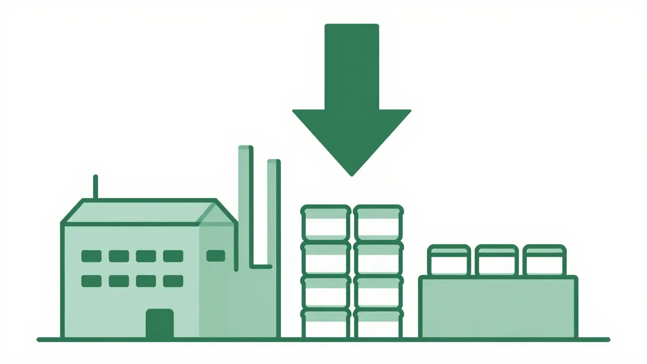 Factory producing pills with downward arrow symbolizing price reduction policy