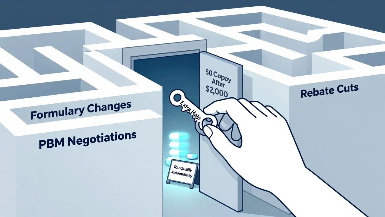 Hand opening a door labeled 'You Qualify Automatically' through a maze of bureaucracy, holding a key labeled 'Extra Help'.