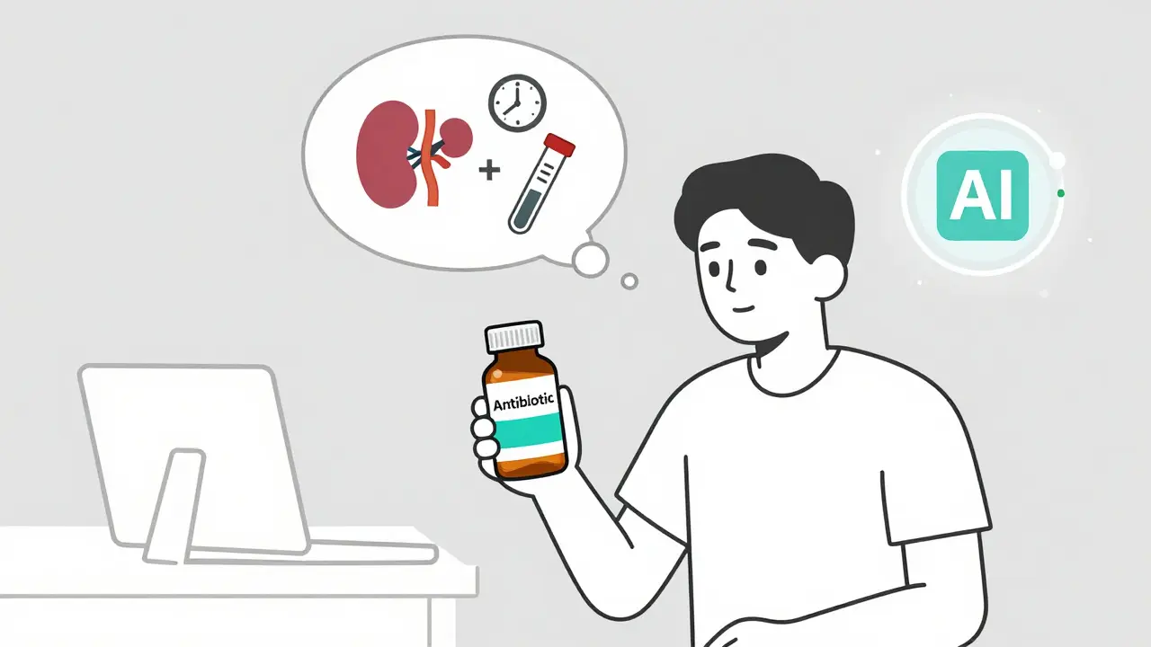 Patient with thought bubble showing kidney function and AI dosing calculation