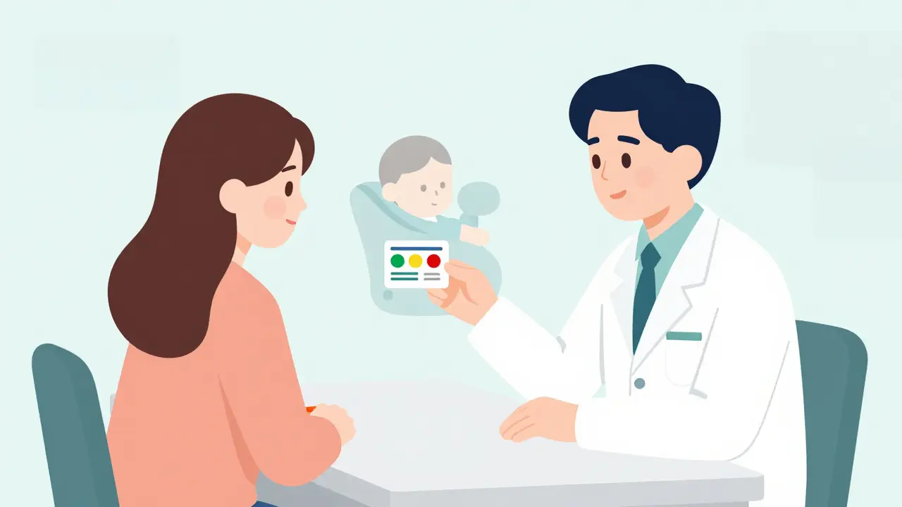 Pharmacist and patient reviewing drug risk icons on a tablet while a breastfeeding baby is nearby.