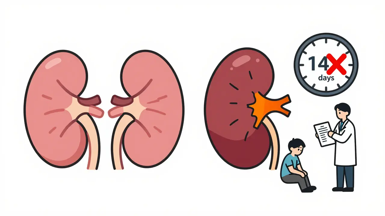 Side-by-side comparison of a healthy kidney and a scarred one with a 14-day warning clock.