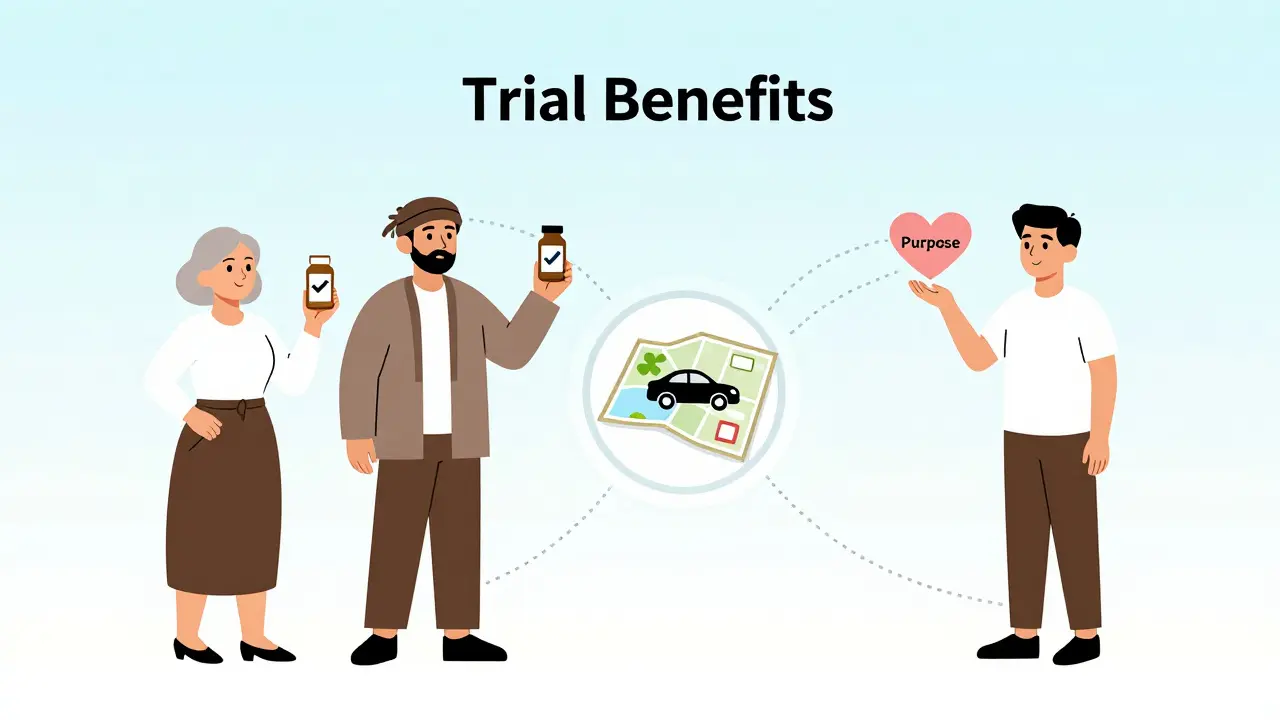 Three diverse individuals connected to benefits of clinical trials: medicine, transportation, and purpose.