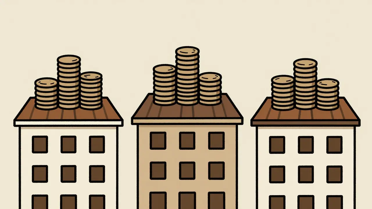 Three European buildings with different coin stacks representing price variations