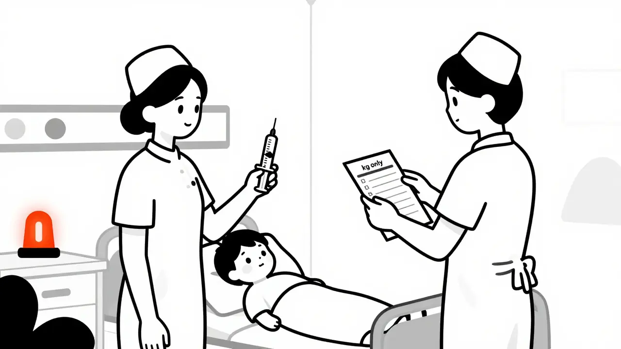 Two nurses checking a child's weight in kilograms before administering medicine in a hospital.
