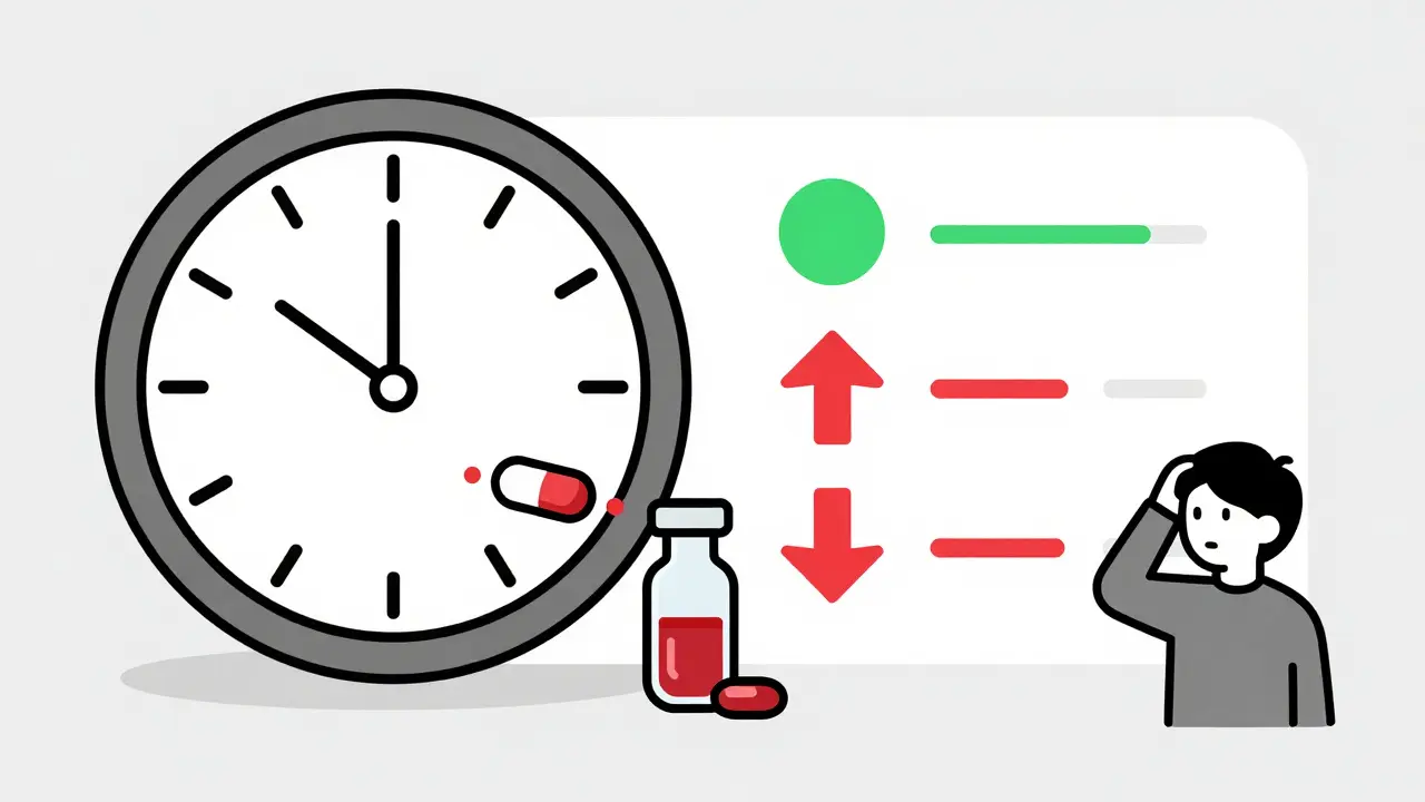A clock shows three days passing as a biotin capsule disrupts lab test accuracy with conflicting readings.