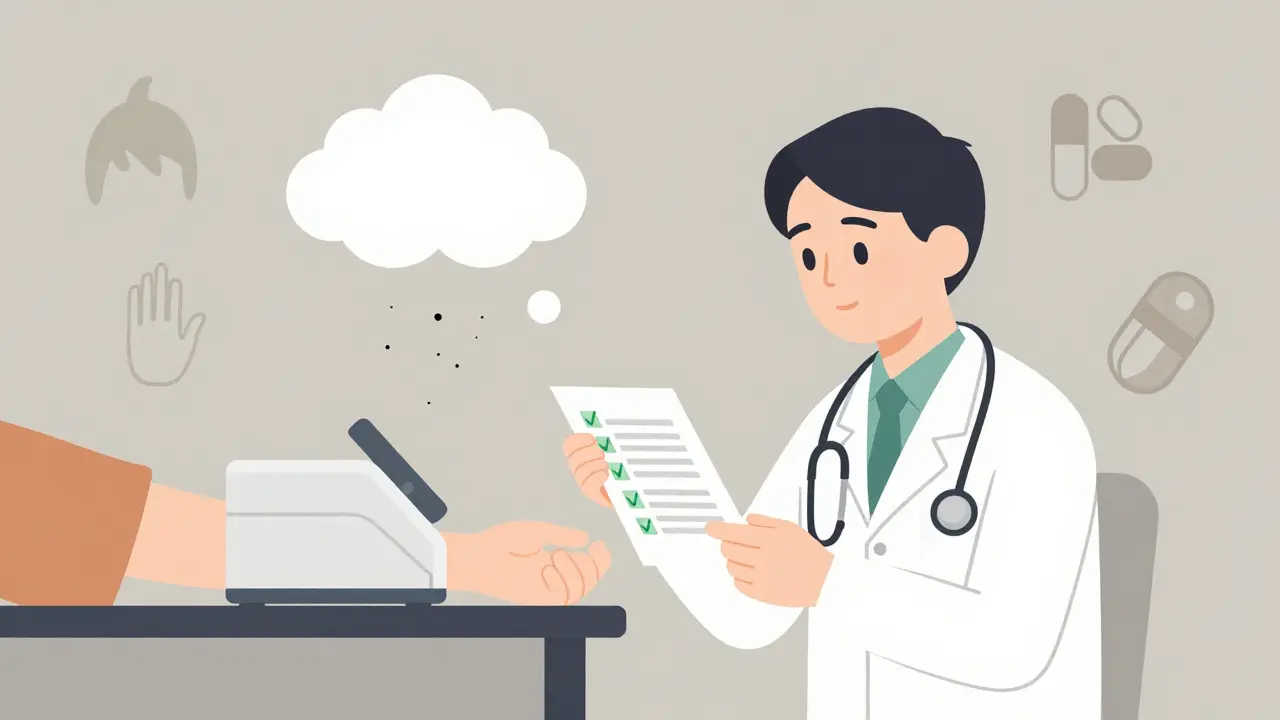 A doctor reviews a normal-looking blood test while biotin magnets interfere with the results, surrounded by beauty supplement icons.