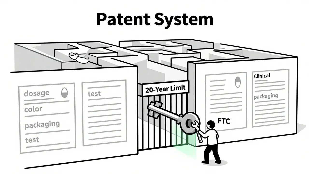 A generic drug navigating a maze of patent barriers, with a locked exit labeled '20-Year Limit' and an FTC figure trying to unlock it.