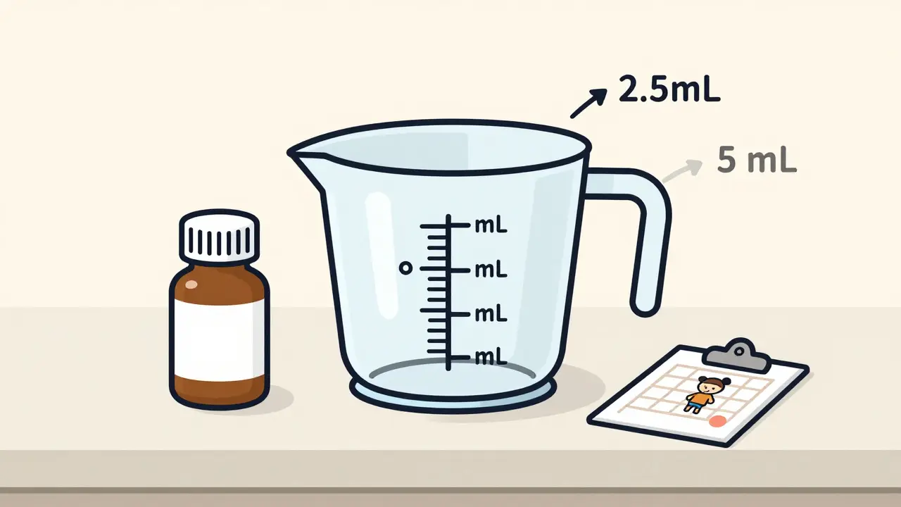 A measuring cup with bold mL markings and a weight chart, designed for accurate pediatric dosing.
