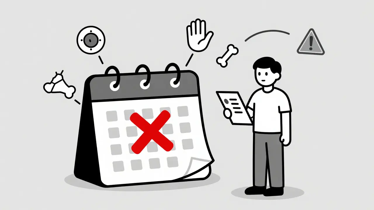 A missed lab test is shown with warning icons for low blood cells, tremors, and bone fracture, next to a checklist.