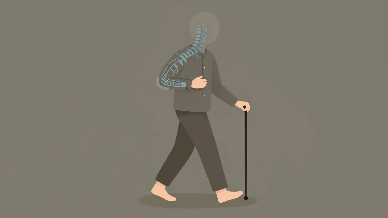 A person struggling with hand clumsiness and unsteady walking due to spinal cord compression.