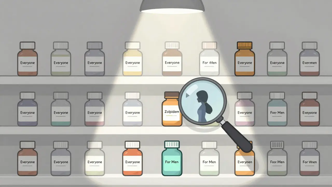 A pharmacy shelf with mostly unmarked pills and only a few labeled for sex-specific use.