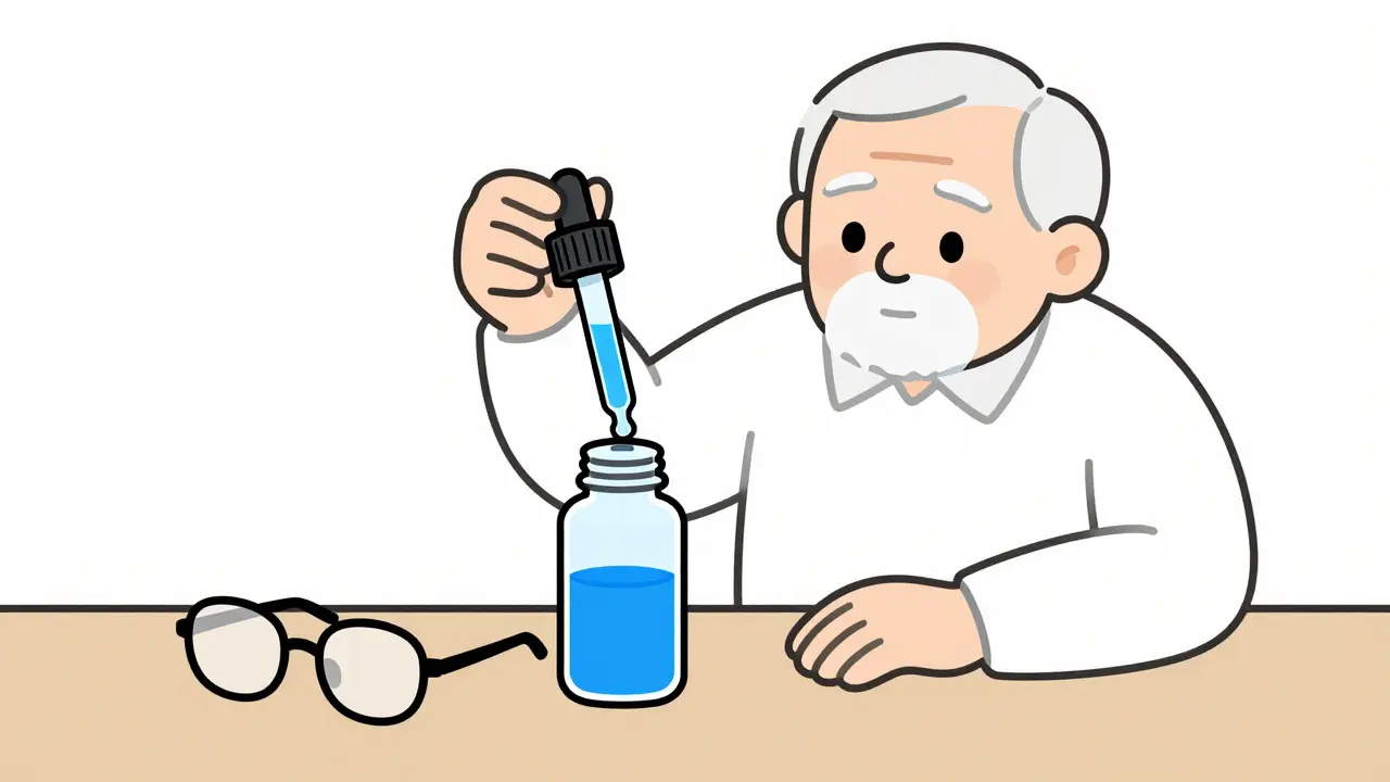 An elderly person holding a dropper that turns blue when filled to the correct dose, with medicine bottle nearby.