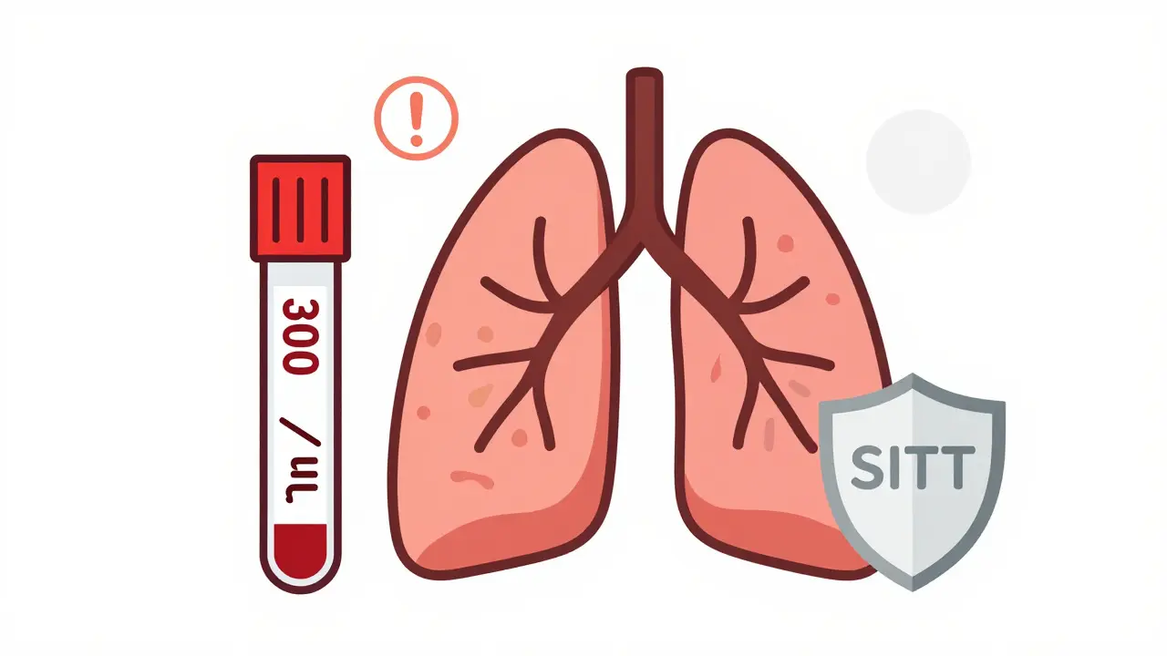 Blood test vial with eosinophil count at 300 cells/µL next to healthy versus inflamed lungs.
