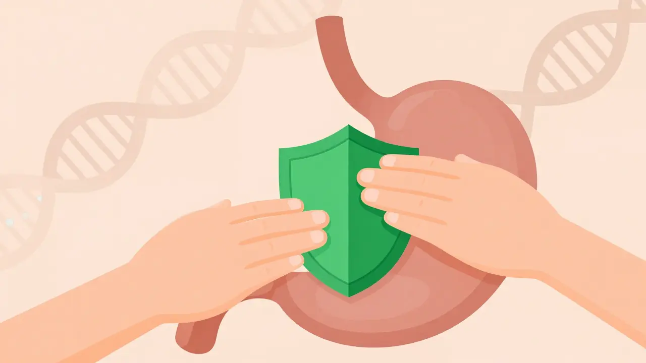 Hands shielding stomach with DNA strands in background