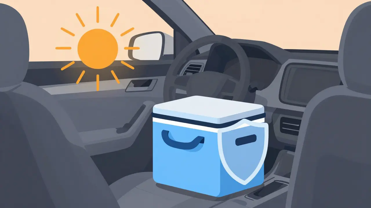 Insulated medicine bag protected from heat on car seat.