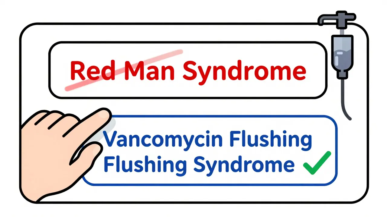 Medical chart replacing outdated 'Red Man Syndrome' with 'Vancomycin Flushing Syndrome' and a slow drip icon.