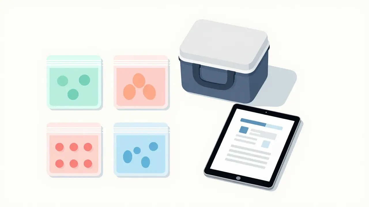 Organized travel medical kit with pouches and cooler on table