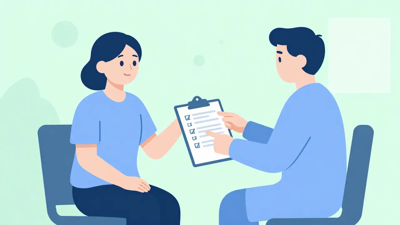 Patient reviewing medication list with a doctor in clinic