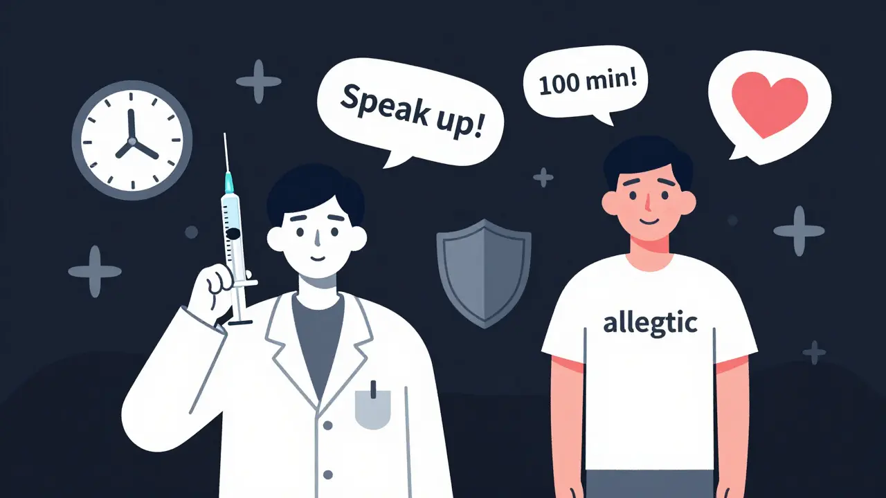 Pharmacist administering slow vancomycin infusion with safety icons and patient smiling as flush fades.