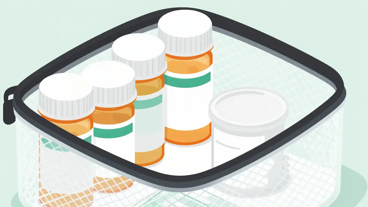 Prescription bottles in travel pouch versus unmarked pill container.