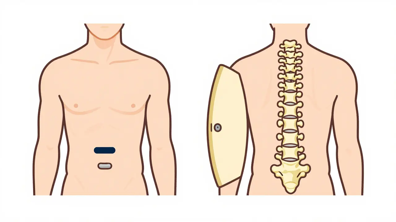Side-by-side comparison of anterior fusion and posterior laminoplasty surgeries for spinal cord relief.