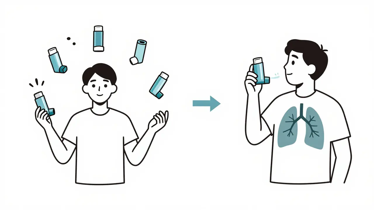 Side-by-side comparison of juggling three inhalers versus using one for COPD treatment, showing improved adherence.