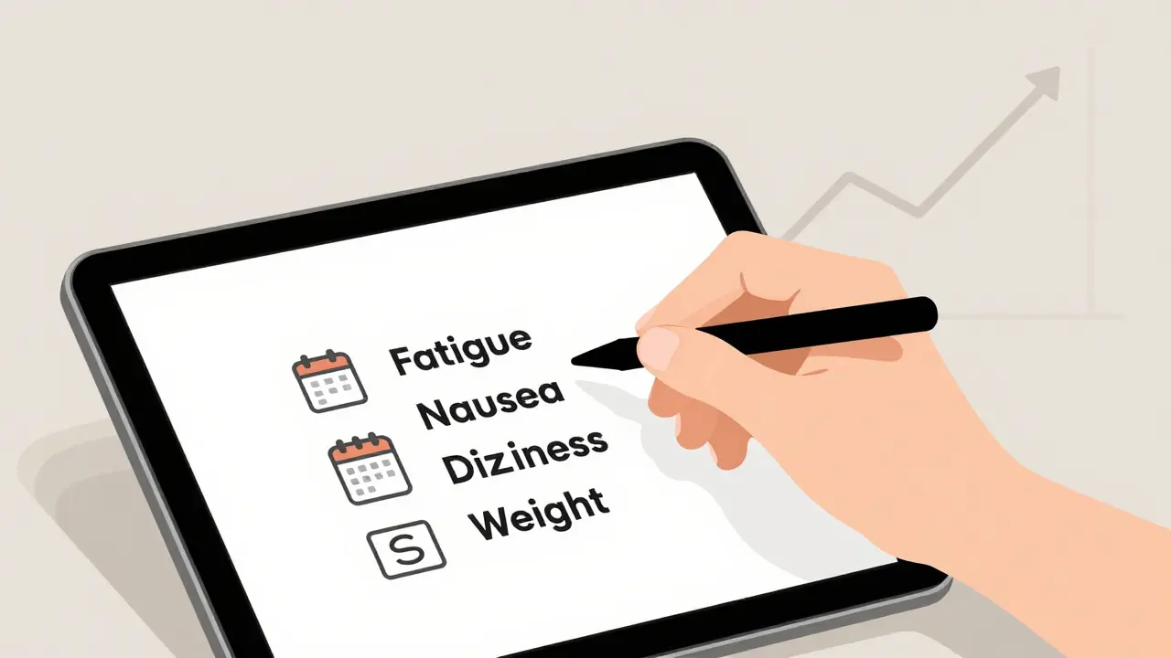 Someone logs symptoms like fatigue and nausea in a digital health app with a calendar and trend graph.