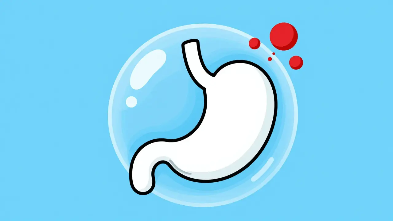 Stomach wrapped in protective blue bubble near blood cells