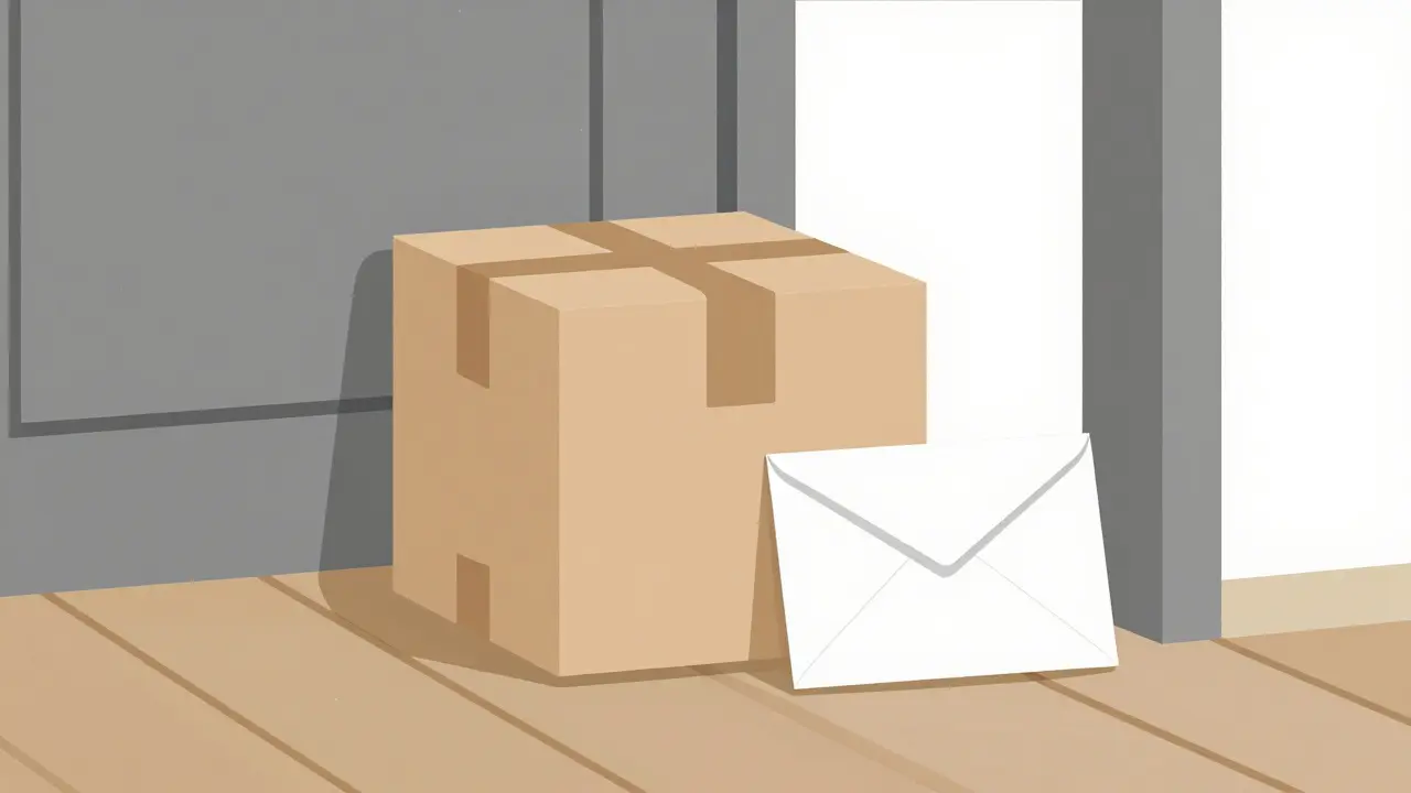 A discreet brown package and envelope delivered to a doorstep