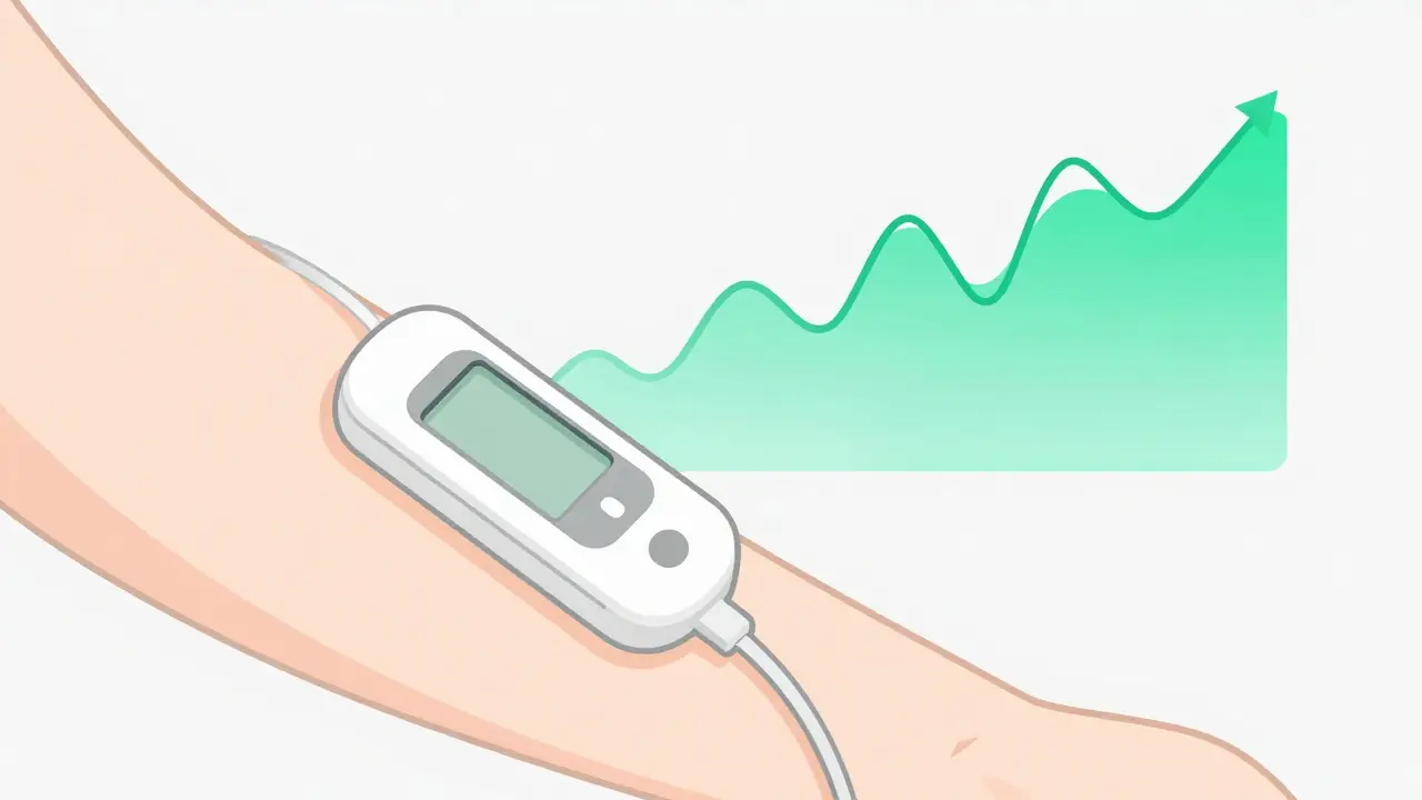 A minimalist illustration of a CGM sensor and a stabilizing glucose graph.