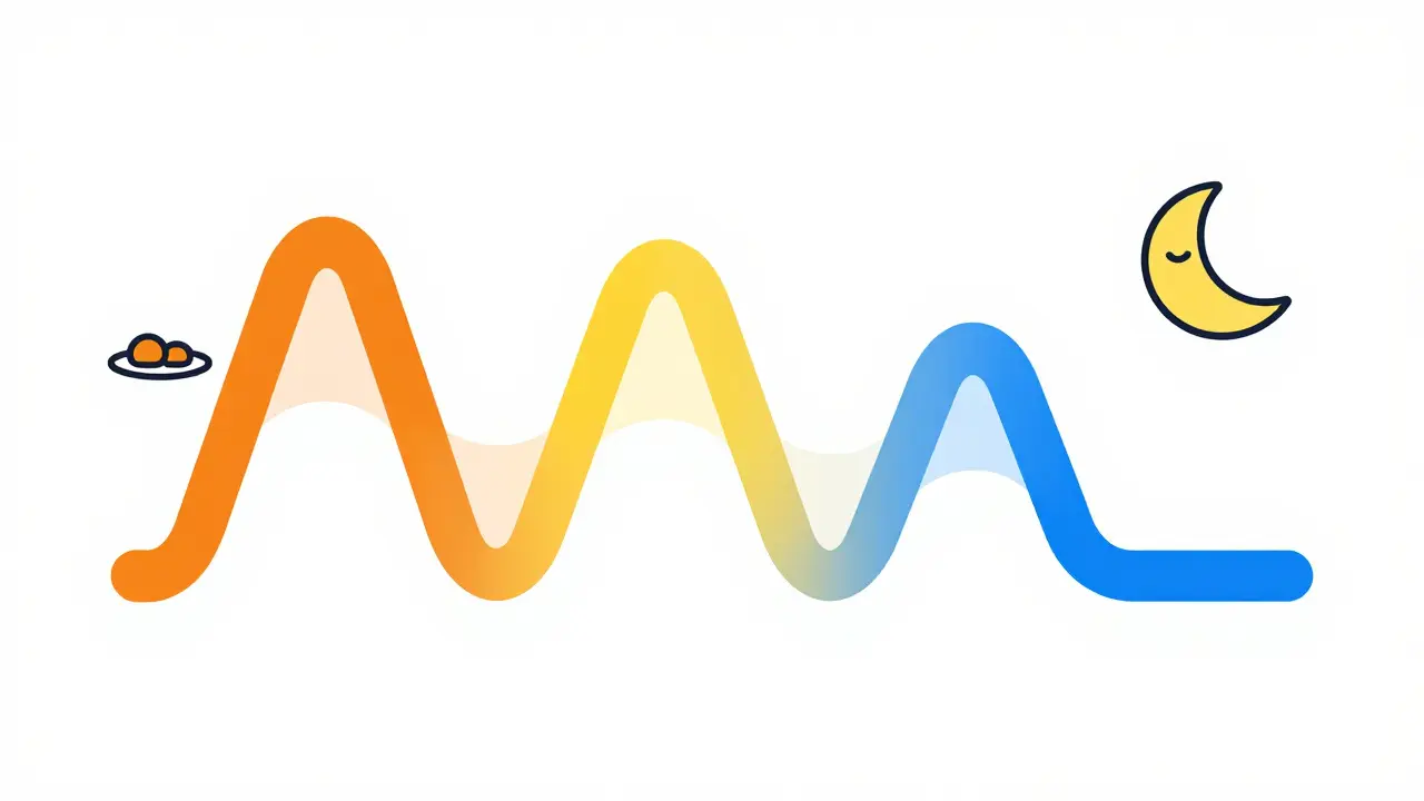 Abstract colorful waves representing different insulin action speeds.