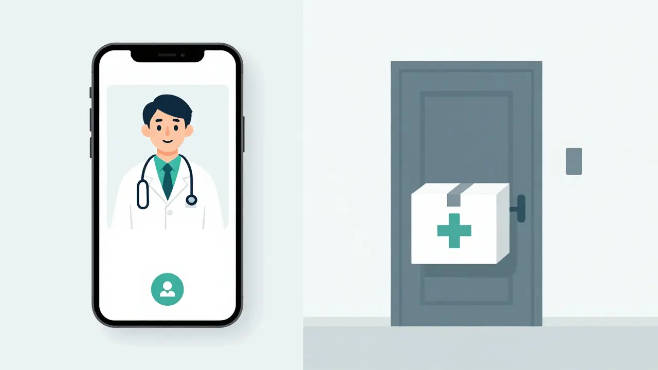 Cartoon depicting a telemedicine video call and a medication delivery package.