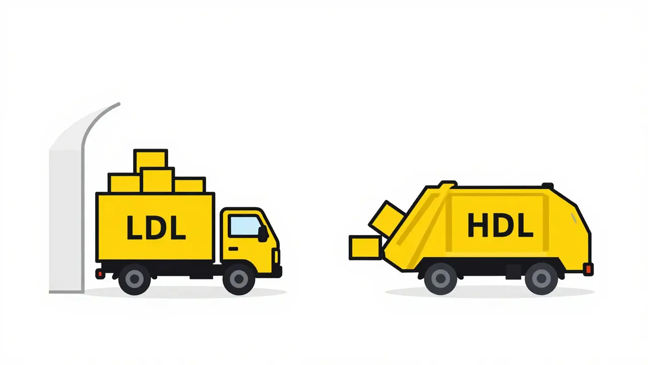 Cartoon depiction of LDL as a delivery truck and HDL as a garbage truck cleaning arteries.